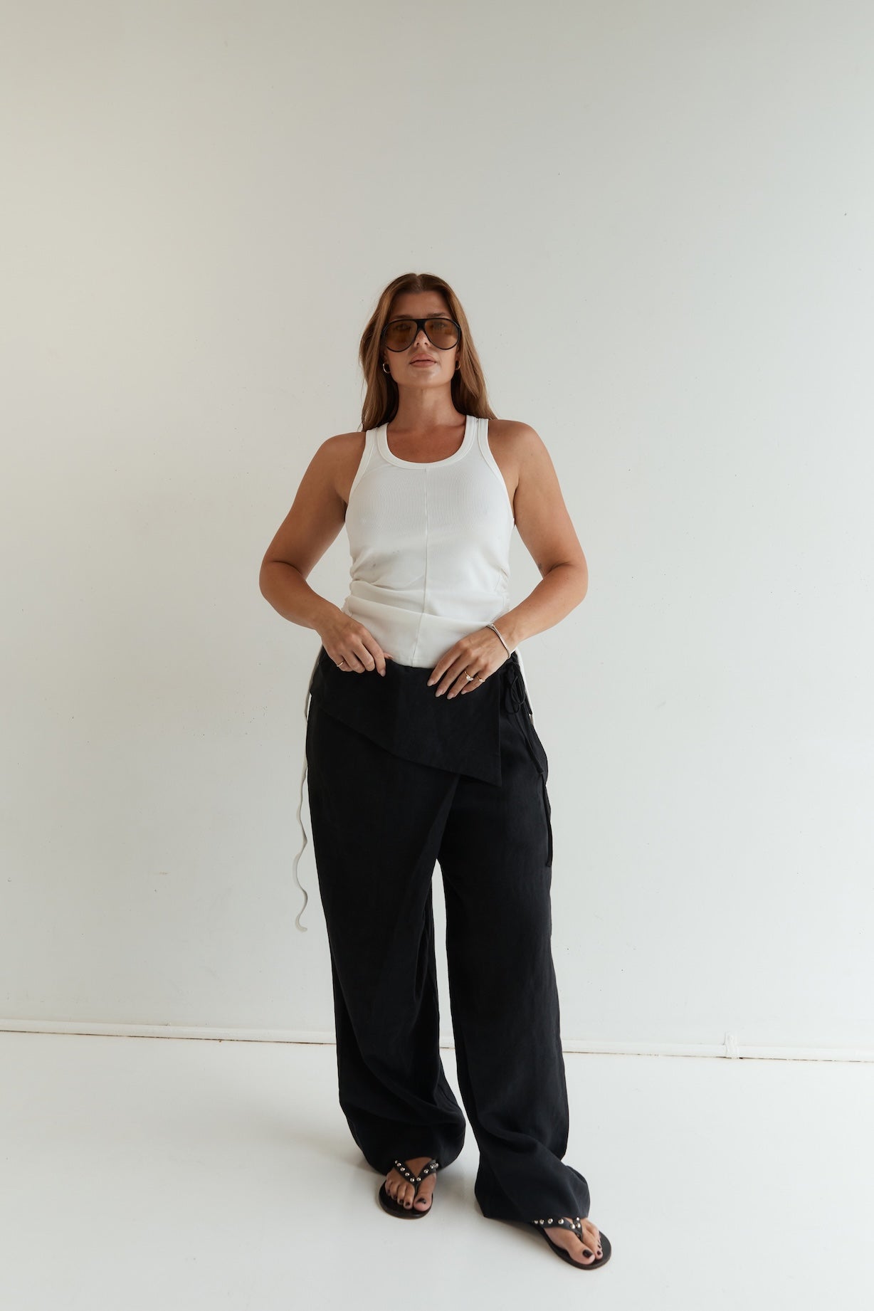 foldover linen black pant