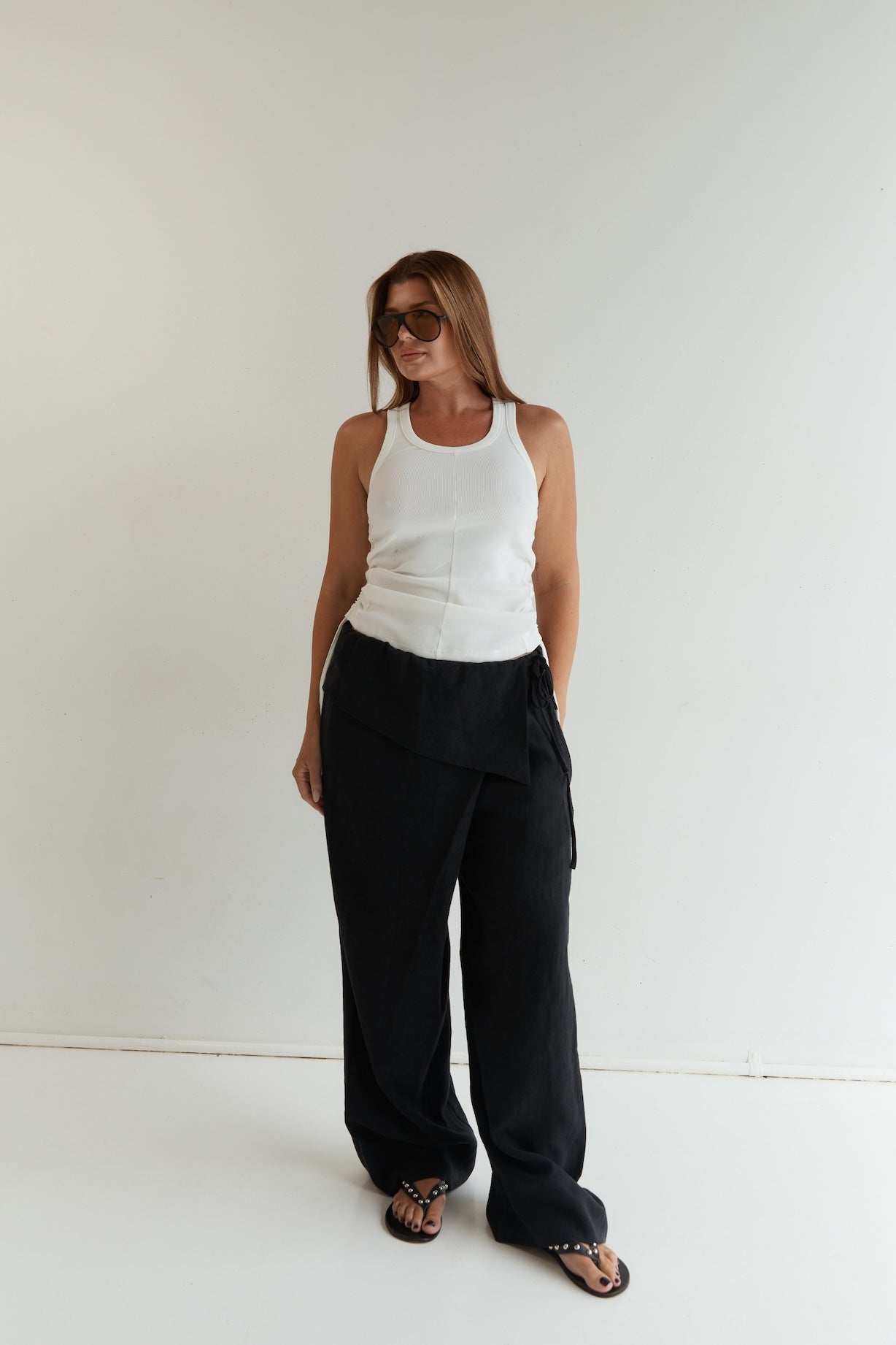 foldover linen black pant