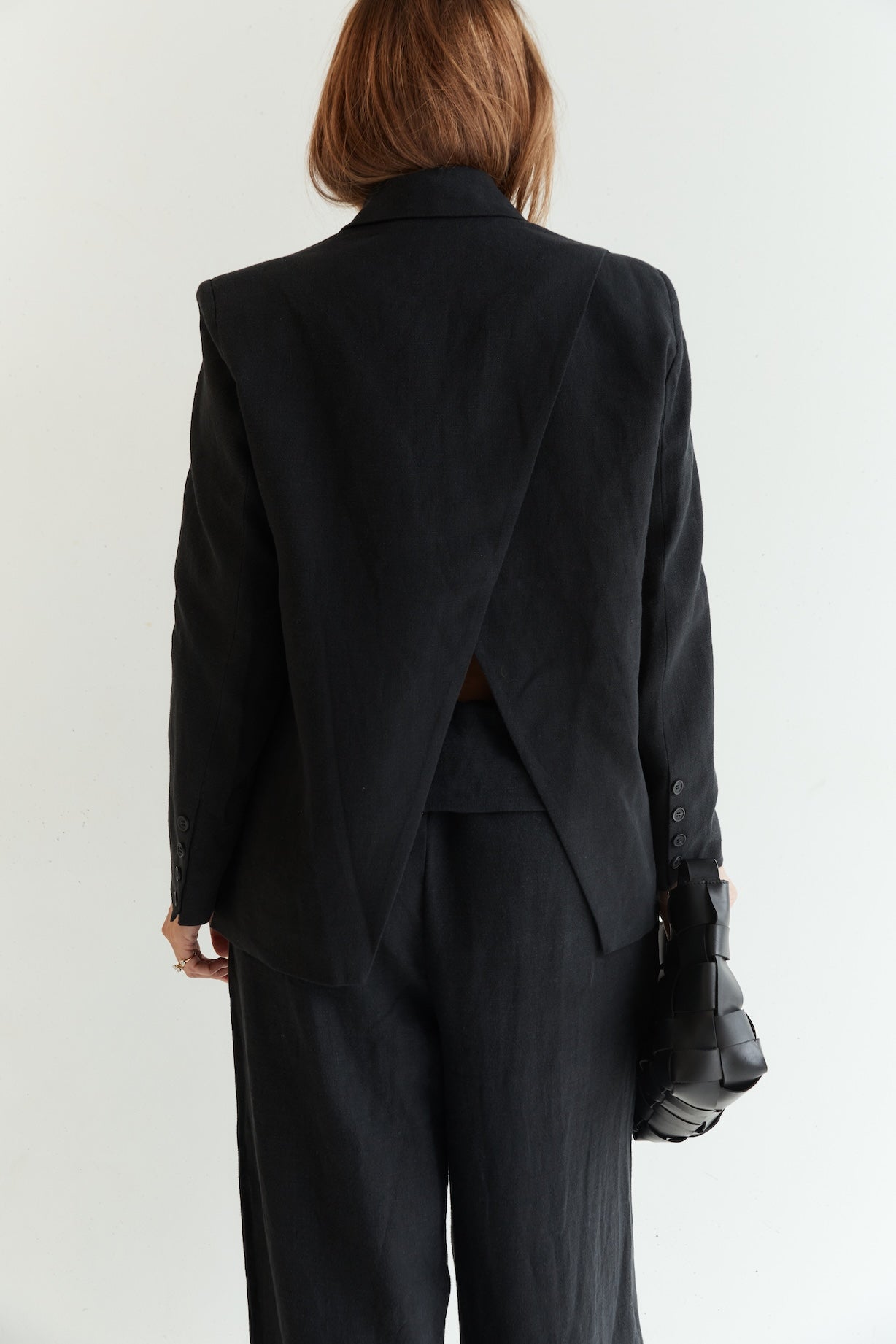 wilhelmina studio black linen blazer with back crossover detail