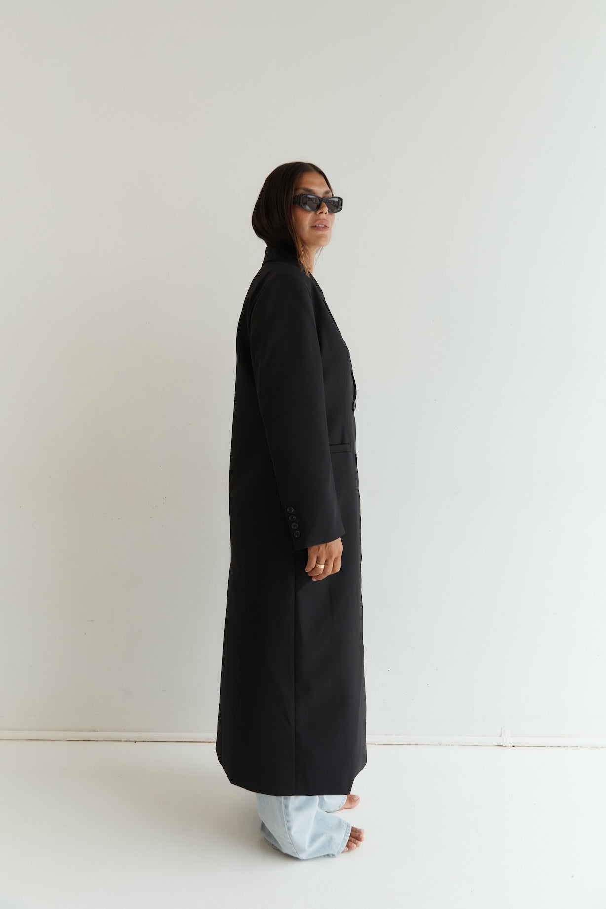 long wool blend coat with double breasted buttons