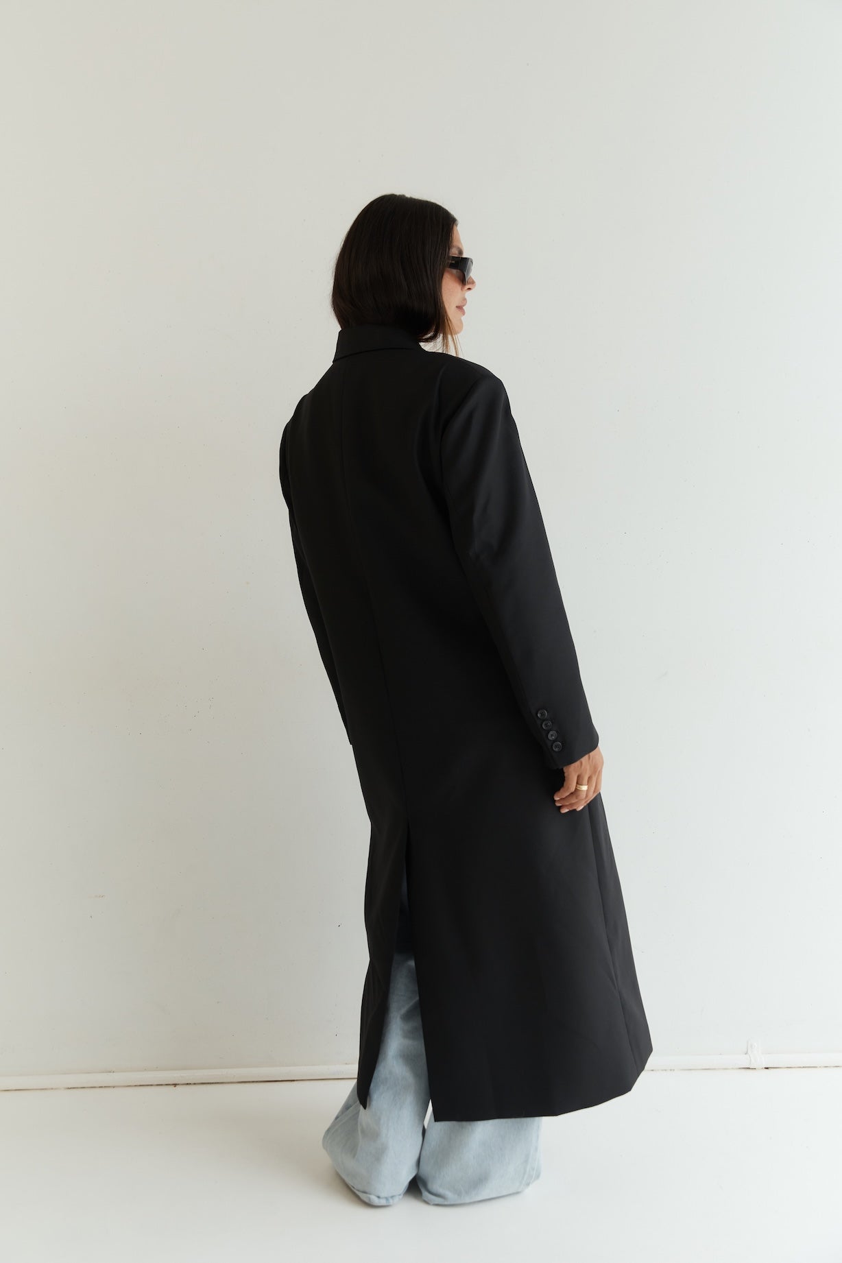 long wool blend coat with double breasted buttons
