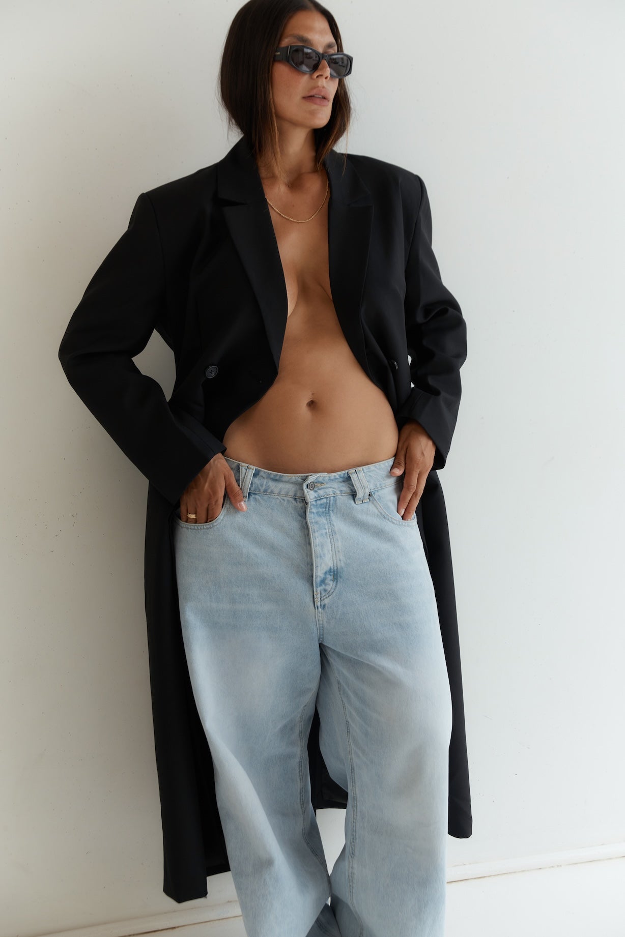 long wool blend coat with double breasted buttons