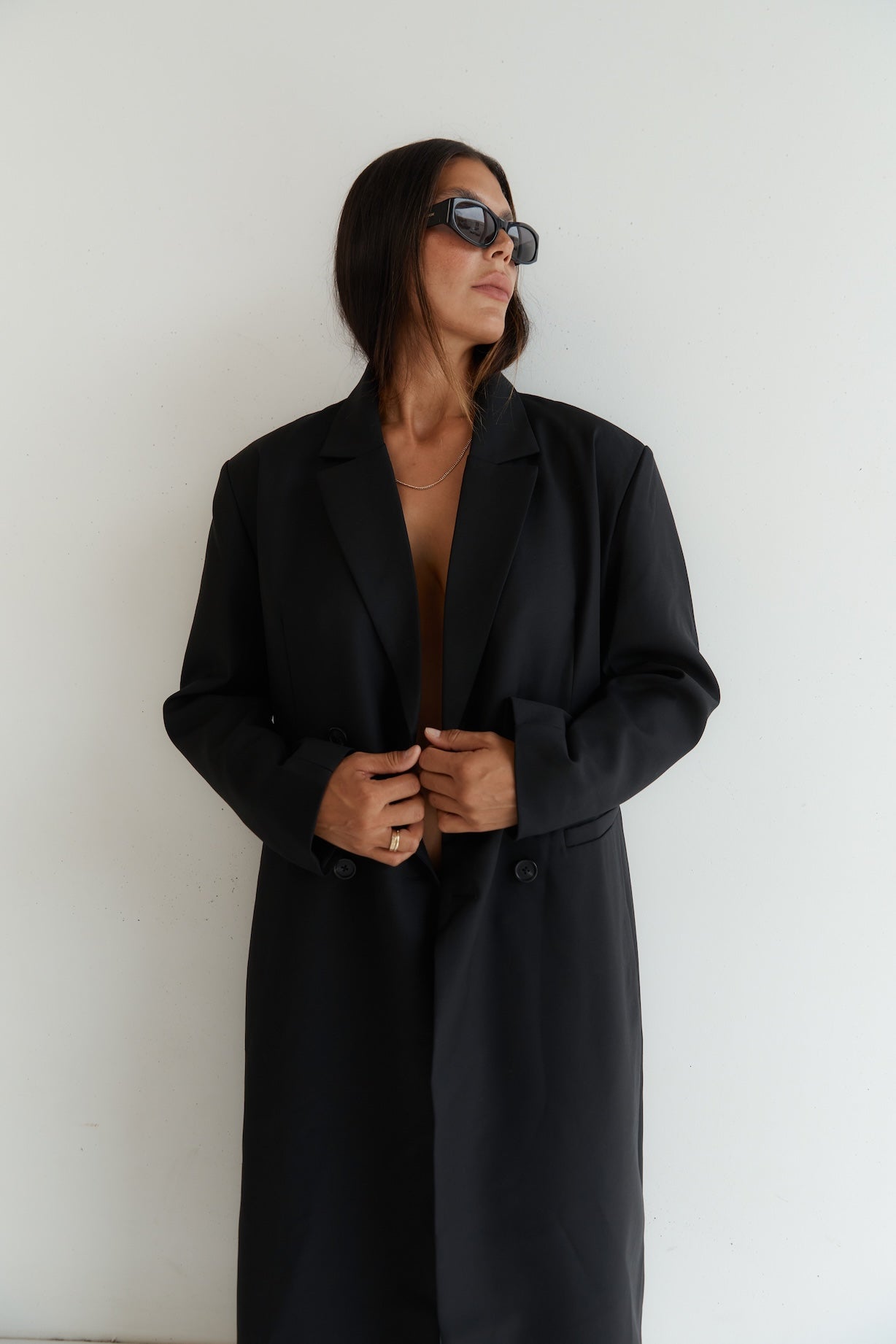 long wool blend coat with double breasted buttons