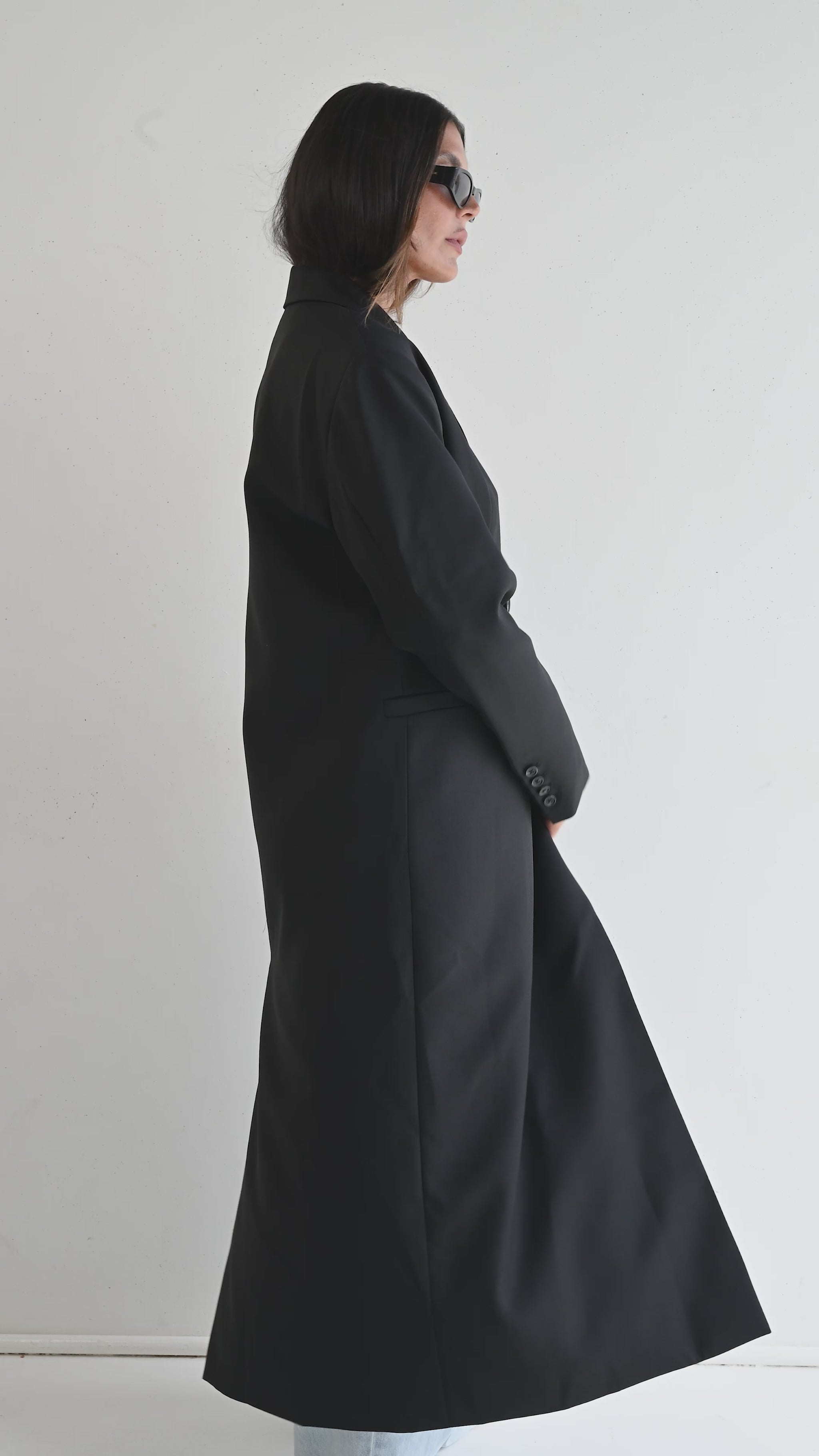 long wool blend coat with double breasted buttons